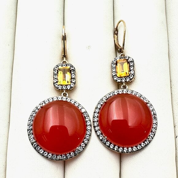 Citrine Carnelian Gold Over Sterling Silver Pierced Chandelier Earrings 2 Inch - Picture 1 of 3